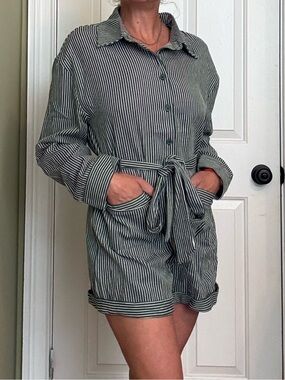 Blue Green Striped Tie-Waist romper
